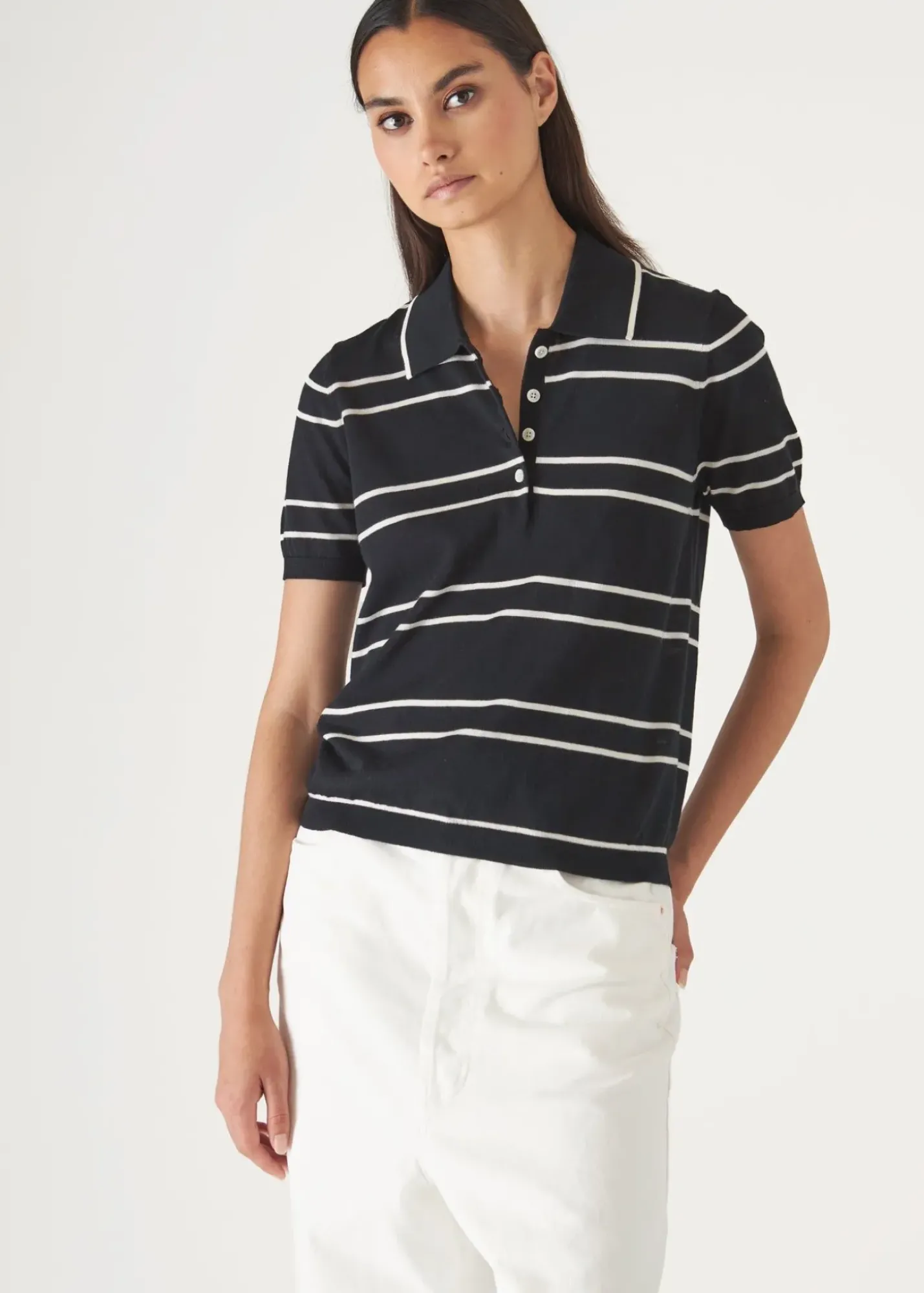 PATRICK ASSARAF Cotton Cupro Striped Short Sleeve Polo|Women Knitwear