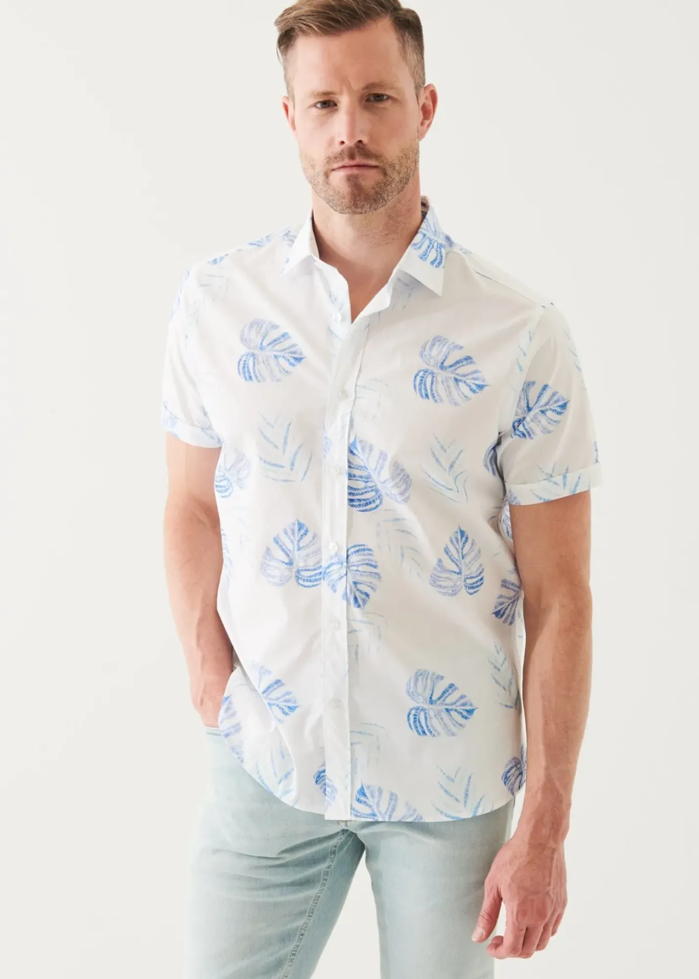 PATRICK ASSARAF Leaf Print Cotton Short Sleeve Shirt|Men Shirts