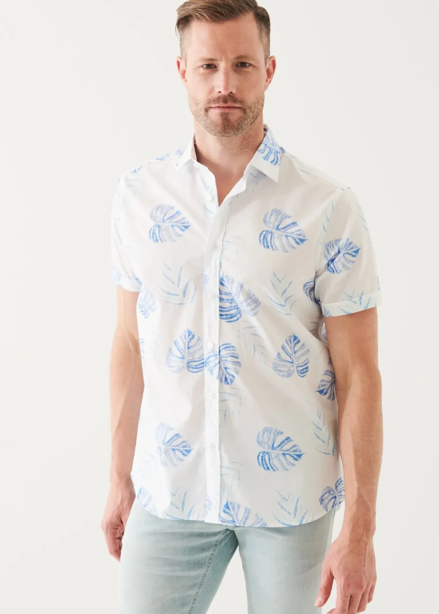 PATRICK ASSARAF Leaf Print Cotton Short Sleeve Shirt|Men Shirts