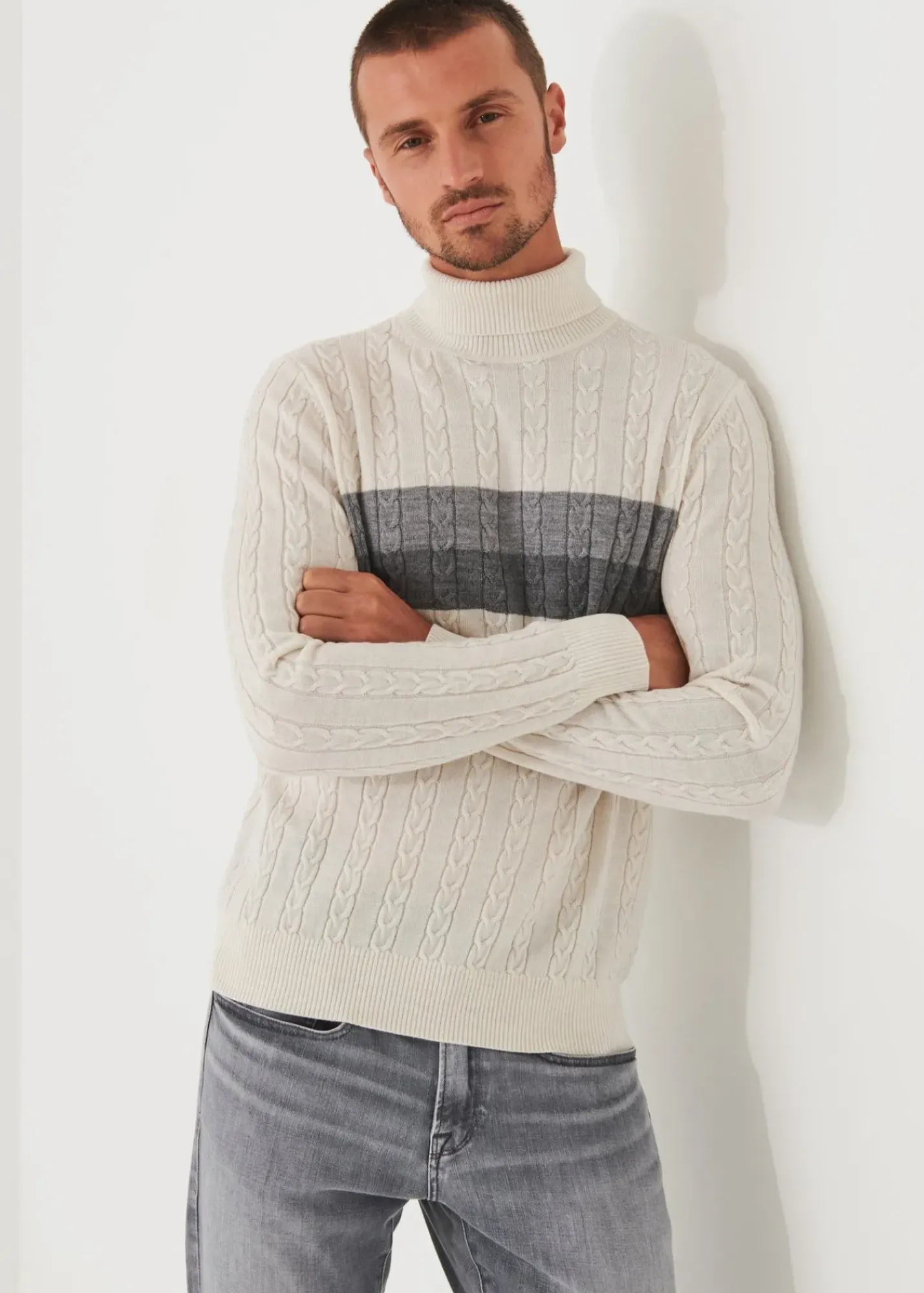 PATRICK ASSARAF Merino Striped Cable Knit Turtleneck|Men Knitwear