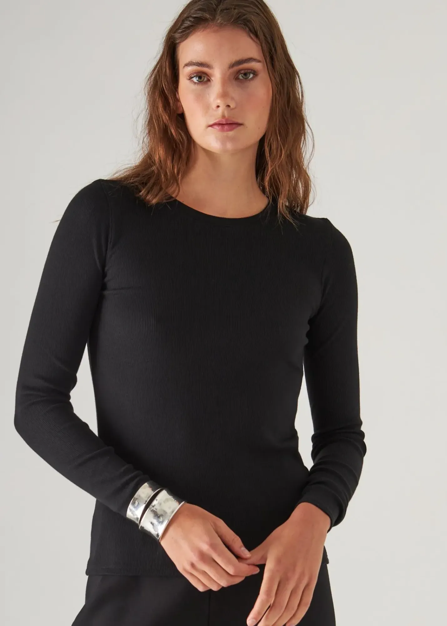PATRICK ASSARAF Pima Cotton Stretch Ribbed Long Sleeve Crew Neck T-Shirt|Women T-Shirts