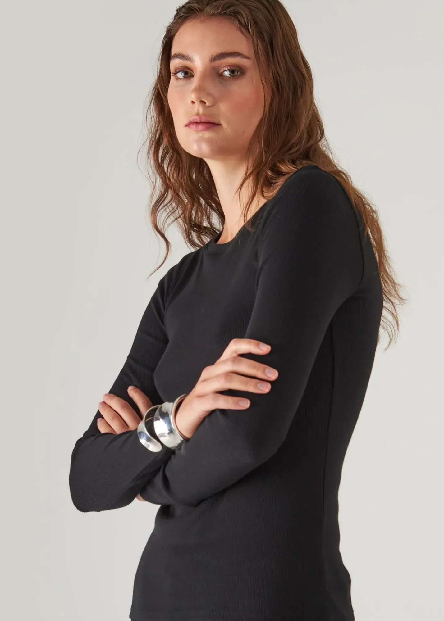 PATRICK ASSARAF Pima Cotton Stretch Ribbed Long Sleeve Crew Neck T-Shirt|Women T-Shirts