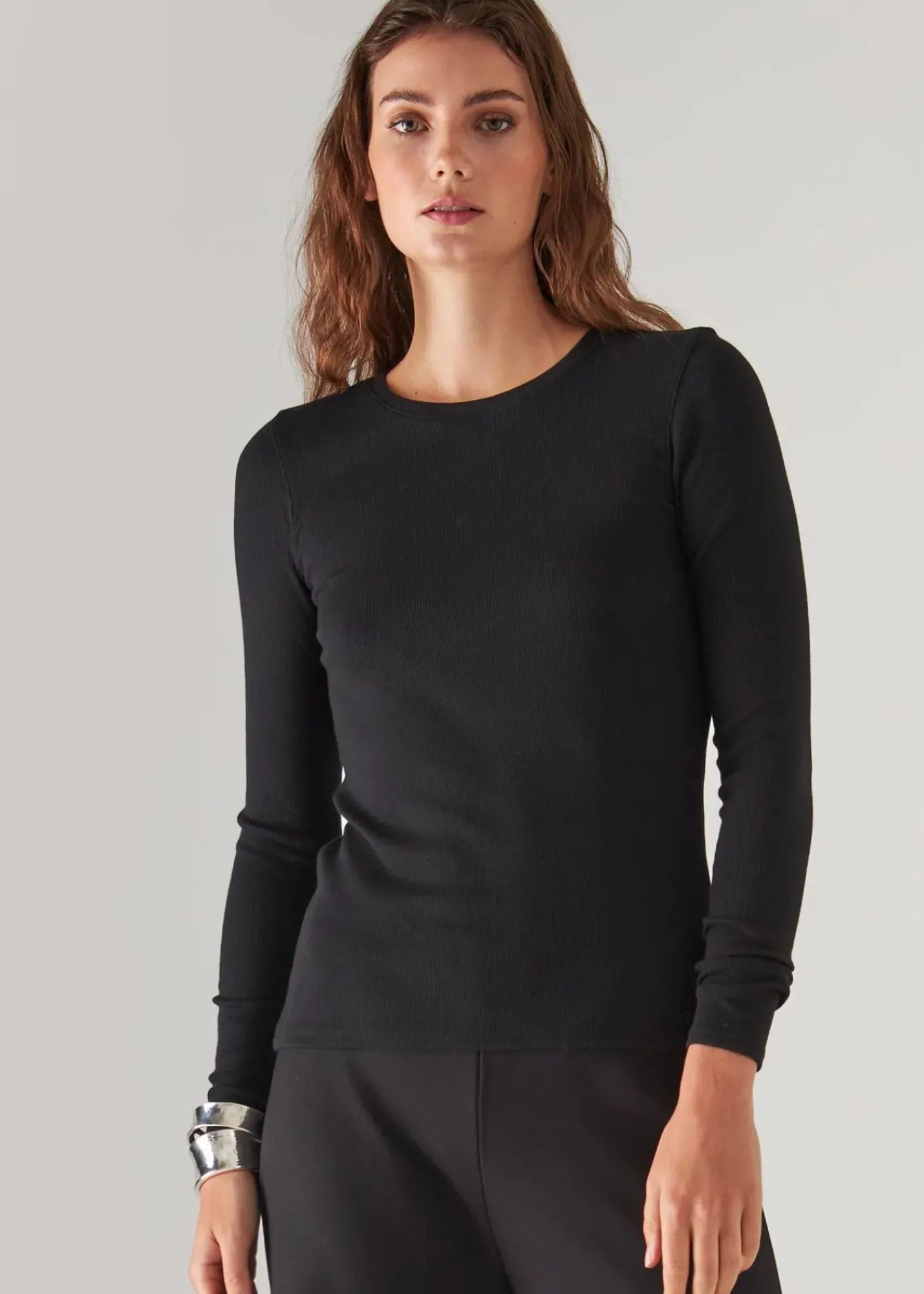 PATRICK ASSARAF Pima Cotton Stretch Ribbed Long Sleeve Crew Neck T-Shirt|Women T-Shirts