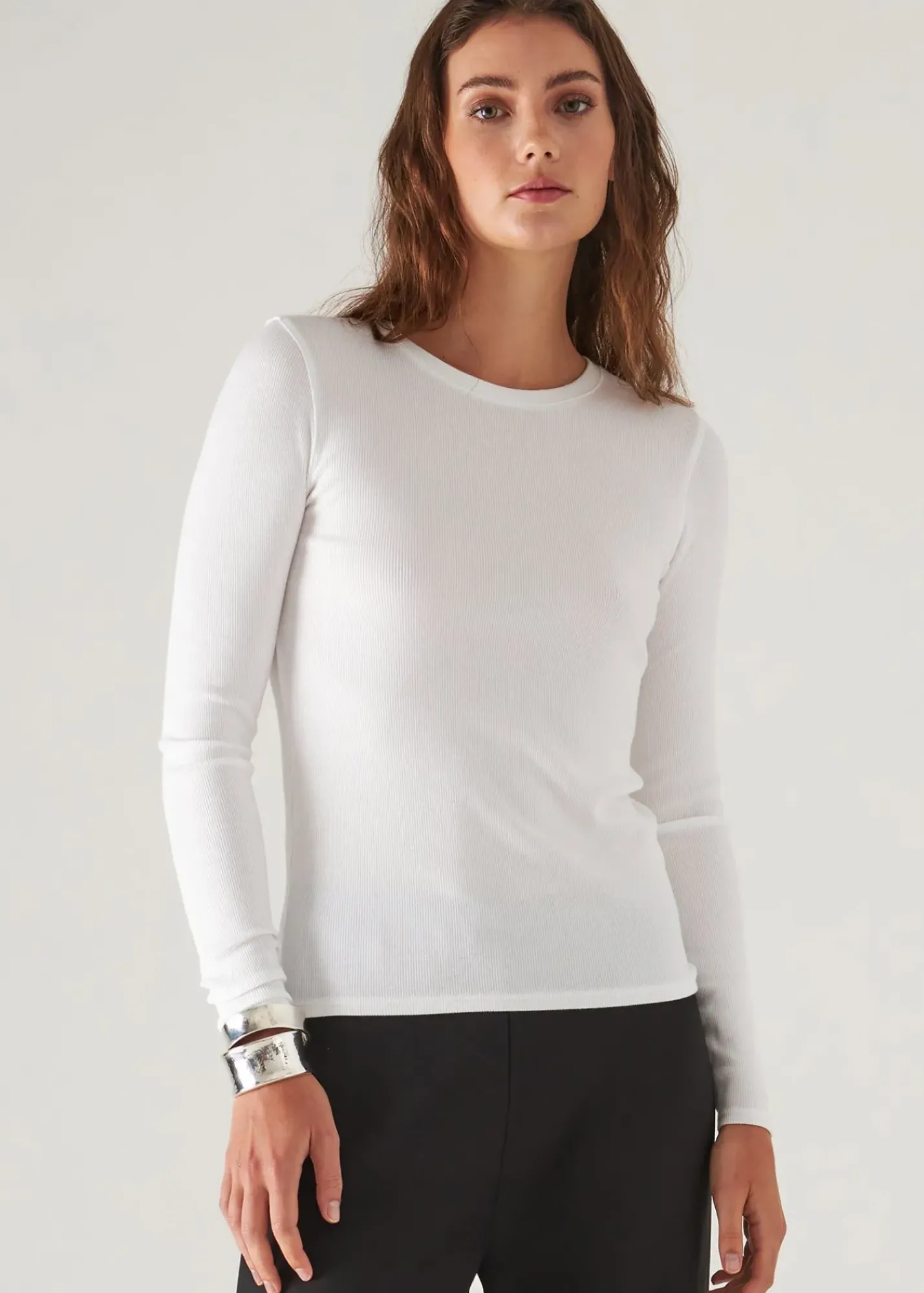 PATRICK ASSARAF Pima Cotton Stretch Ribbed Long Sleeve Crew Neck T-Shirt|Women T-Shirts