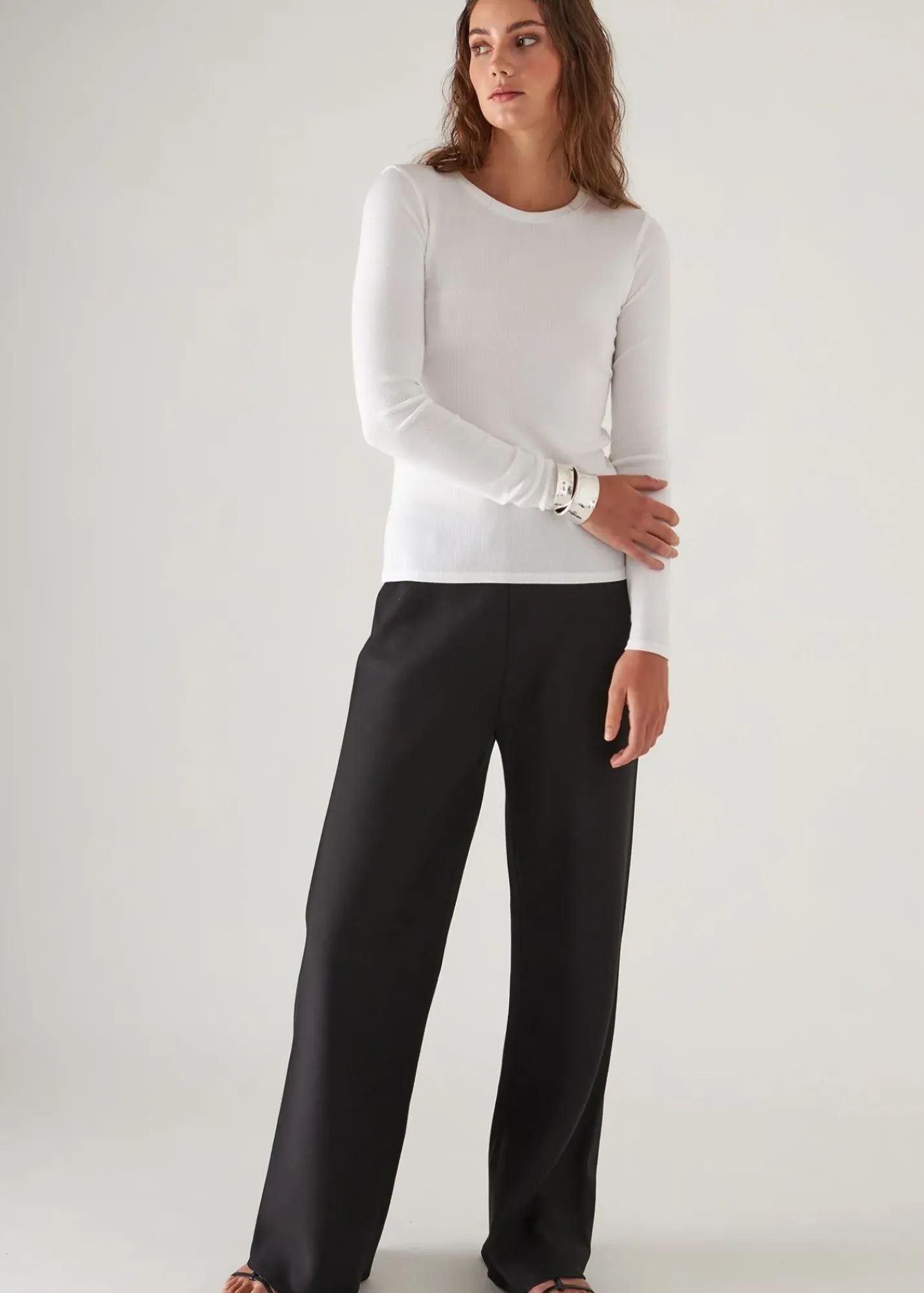 PATRICK ASSARAF Pima Cotton Stretch Ribbed Long Sleeve Crew Neck T-Shirt|Women T-Shirts